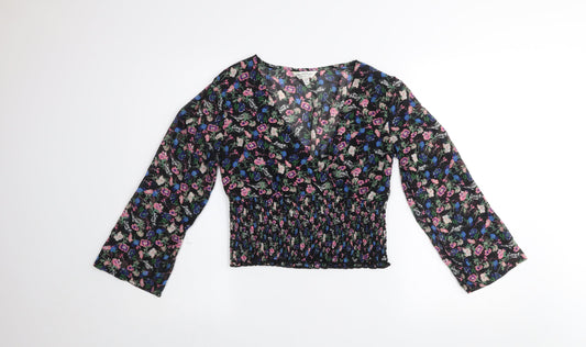 Miss Selfridge Womens Multicoloured Floral Long Sleeve V-Neck Cropped Blouse UK 10