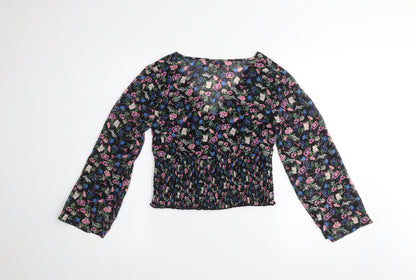 Miss Selfridge Womens Multicoloured Floral Long Sleeve V-Neck Cropped Blouse UK 10