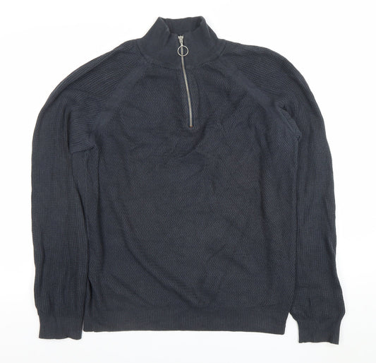 Friday Casual Men's Blue Cotton Half Zip Jumper L Waffle Knit