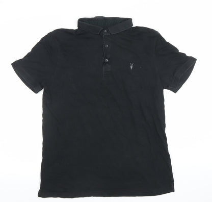 AllSaints Men’s Black Slim Fit Cotton Polo Shirt Size L