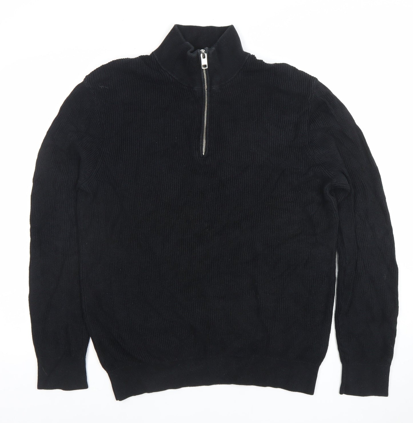 H&M Men’s Black Slim Fit 1/2 Zip Cotton Jumper Size M