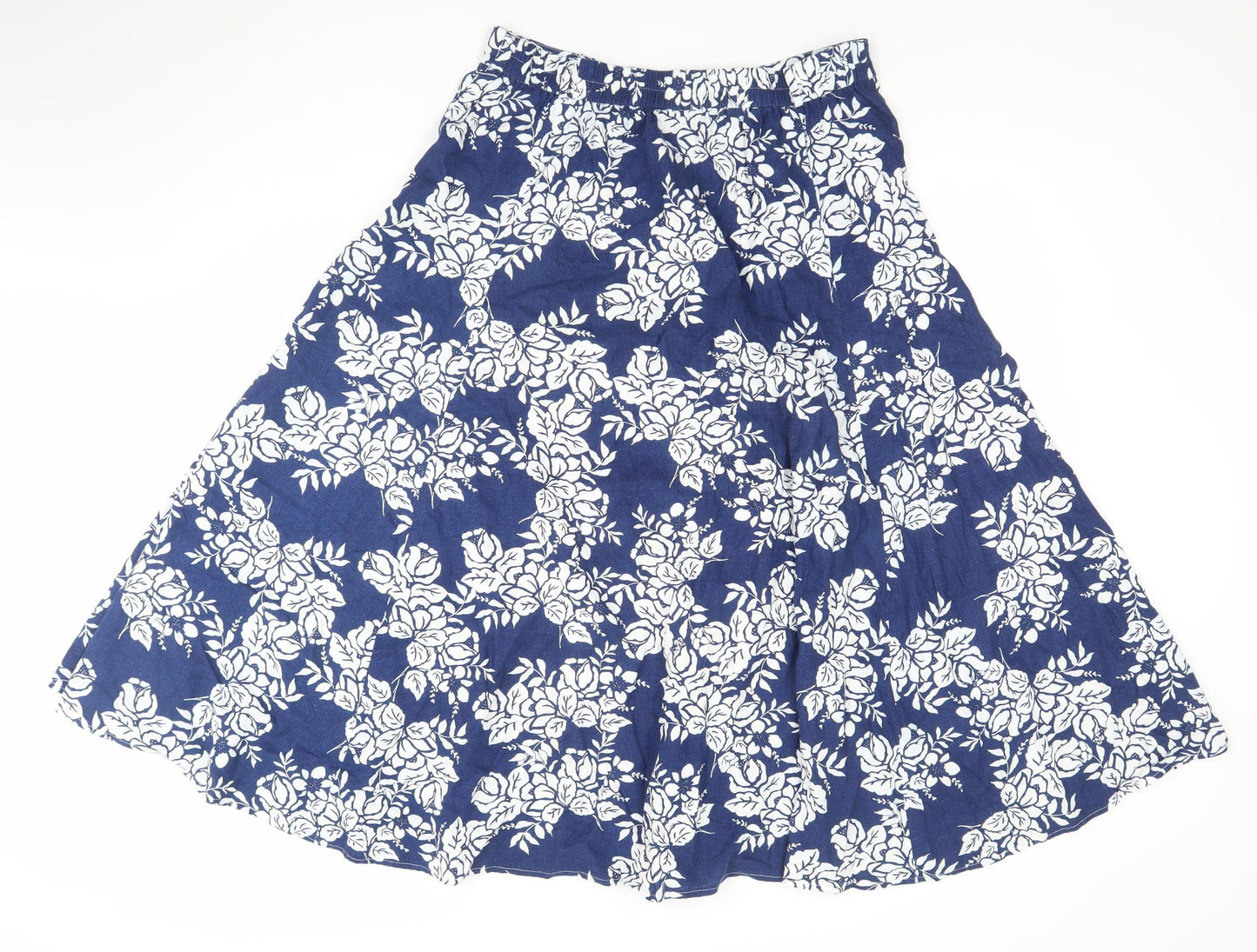 BHS Women Blue Floral Linen A-Line Midi Skirt Size 14
