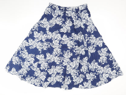 BHS Women Blue Floral Linen A-Line Midi Skirt Size 14