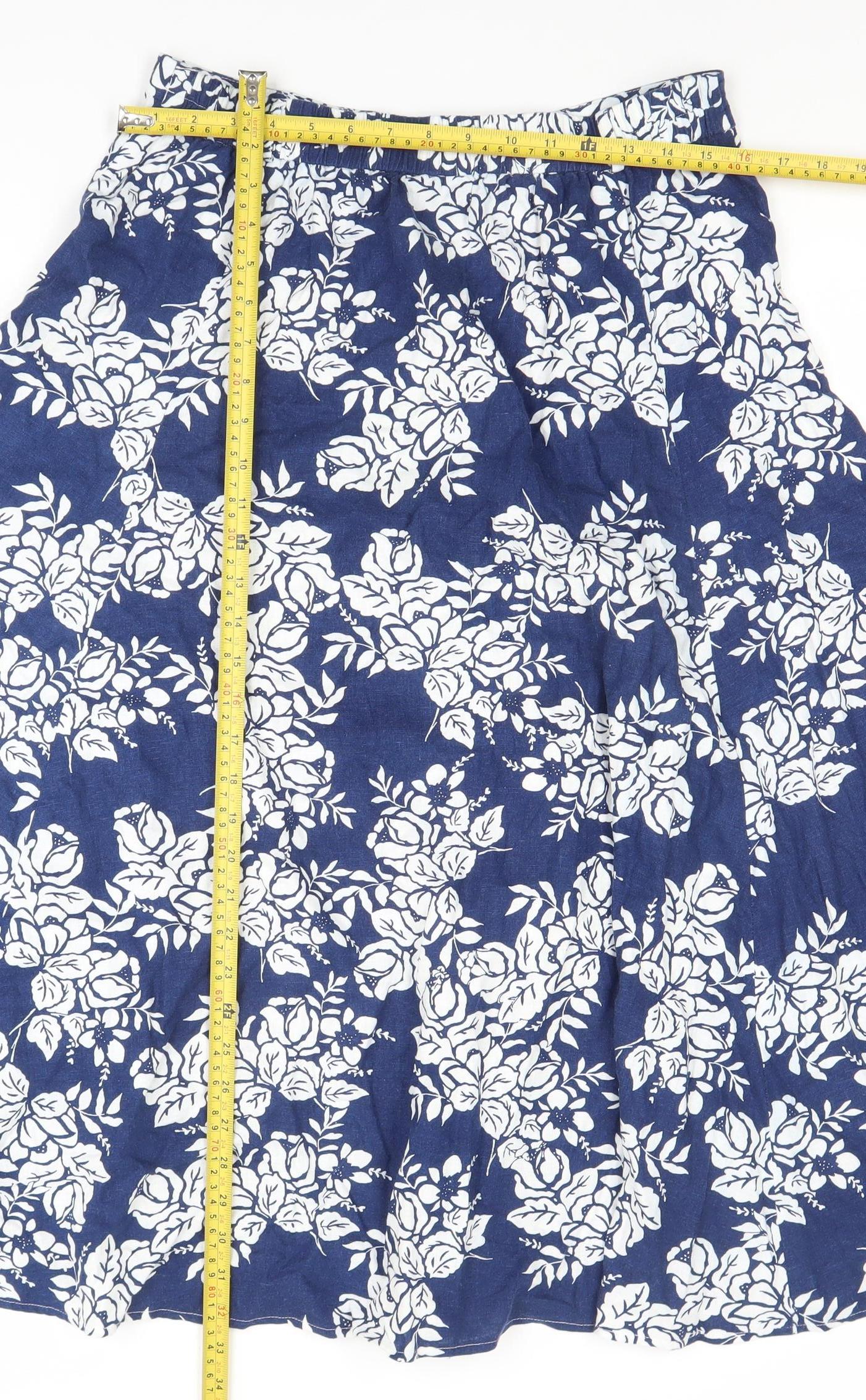 BHS Women Blue Floral Linen A-Line Midi Skirt Size 14