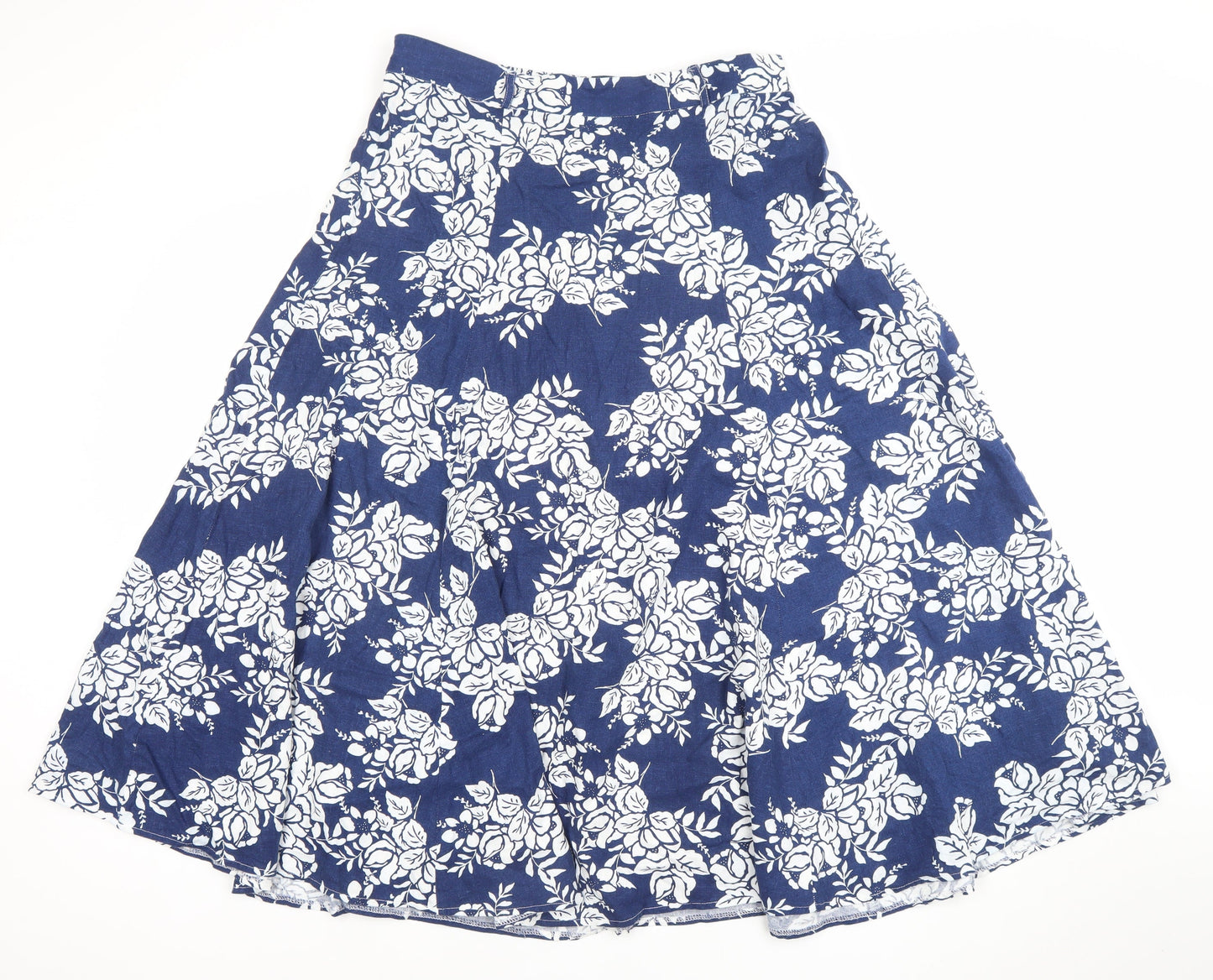 BHS Women Blue Floral Linen A-Line Midi Skirt Size 14