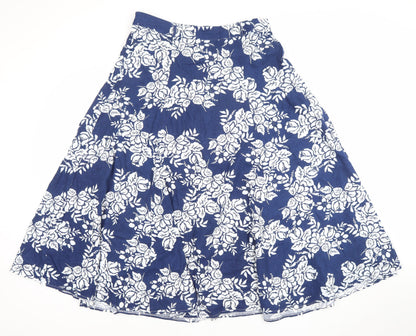 BHS Women Blue Floral Linen A-Line Midi Skirt Size 14