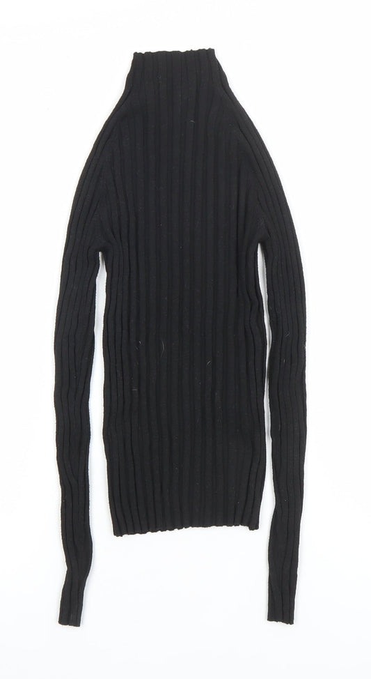 MNG Women's Black Slim Fit Ribbed Knit Mock Neck Long Sleeve Top S