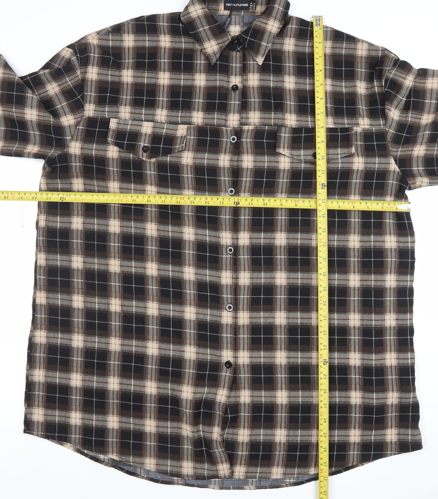 PrettyLittleThing Women's Brown Check Long Sleeve Button-Up Shirt Size 14
