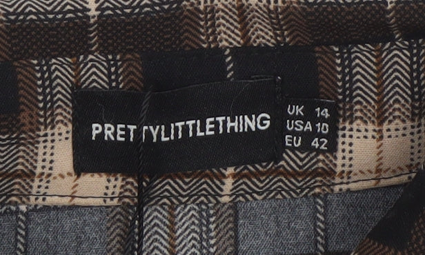 PrettyLittleThing Women's Brown Check Long Sleeve Button-Up Shirt Size 14