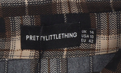 PrettyLittleThing Women's Brown Check Long Sleeve Button-Up Shirt Size 14