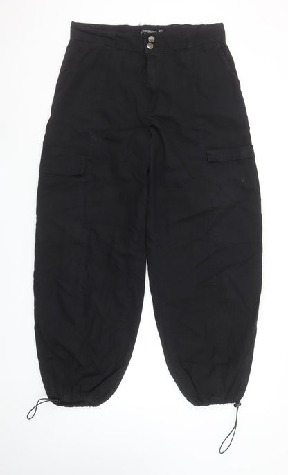 Stradivarius Women’s Black Cargo Trousers UK 12 Cotton Drawstring Ankle