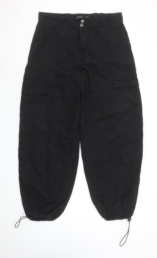 Stradivarius Women’s Black Cargo Trousers UK 12 Cotton Drawstring Ankle
