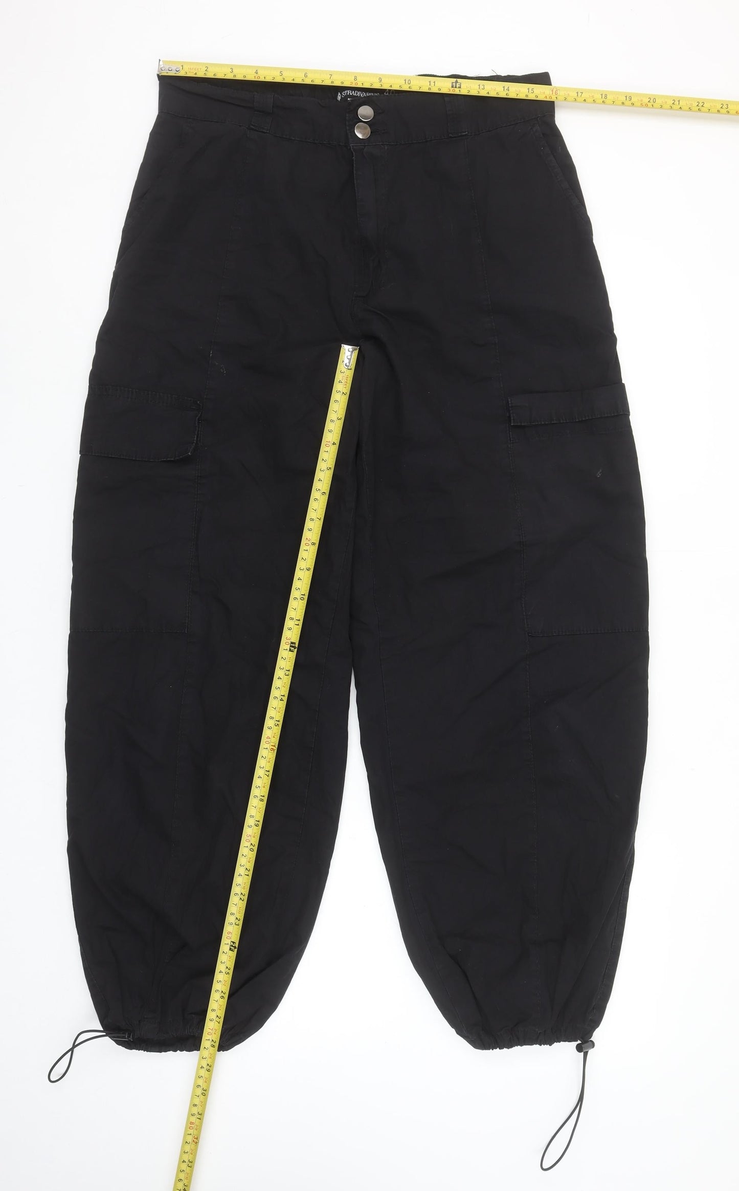 Stradivarius Women’s Black Cargo Trousers UK 12 Cotton Drawstring Ankle