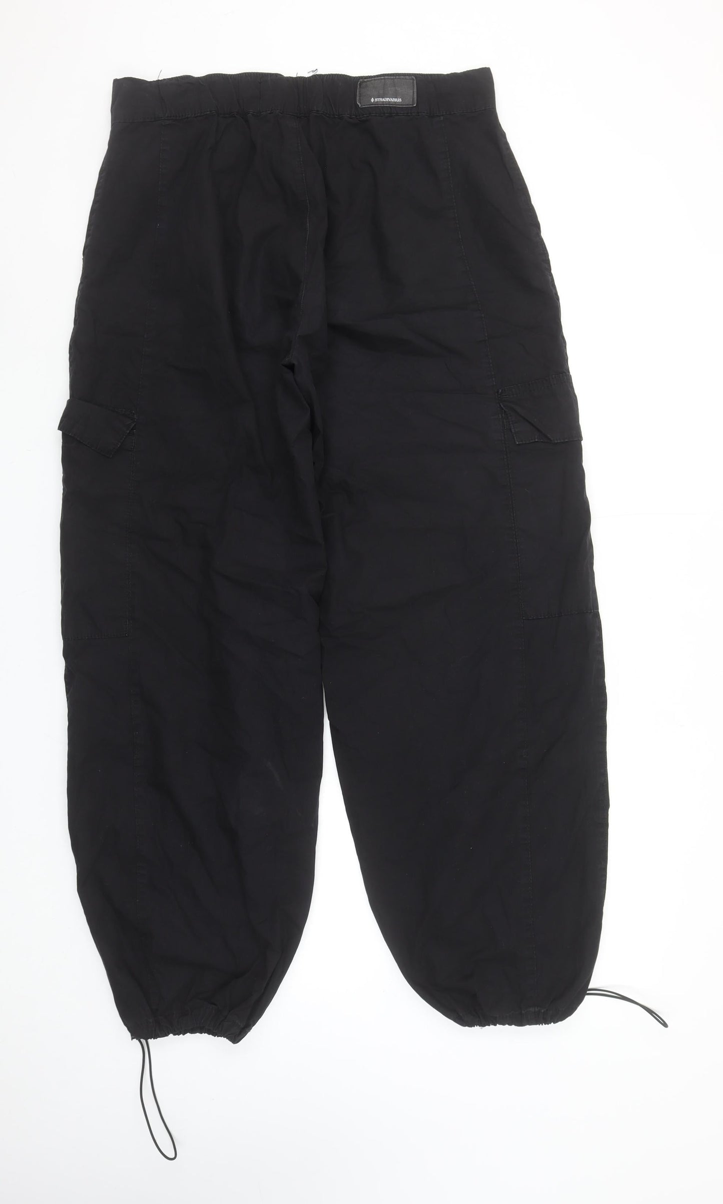 Stradivarius Women’s Black Cargo Trousers UK 12 Cotton Drawstring Ankle