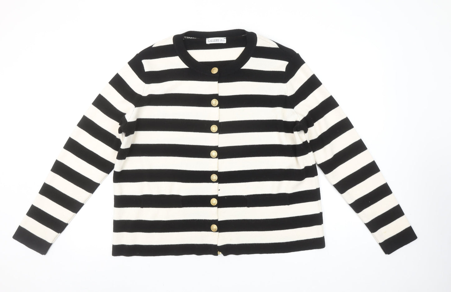 Gallery Women’s Black Ivory Striped Cardigan L Crew Neck Knit