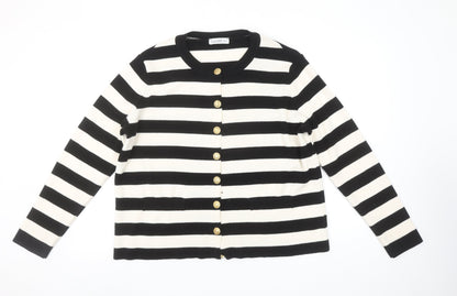 Gallery Women’s Black Ivory Striped Cardigan L Crew Neck Knit