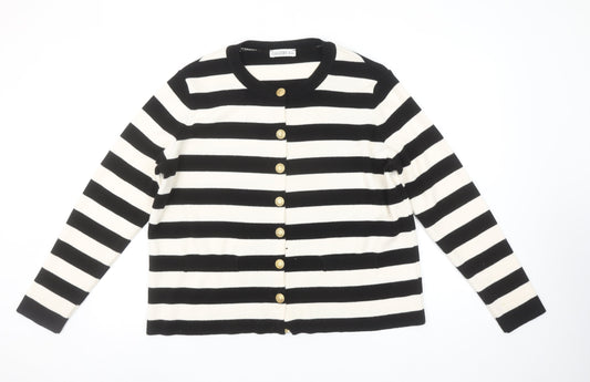 Gallery Women’s Black Ivory Striped Cardigan L Crew Neck Knit