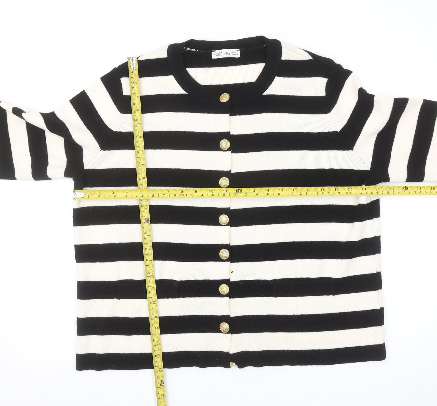 Gallery Women’s Black Ivory Striped Cardigan L Crew Neck Knit