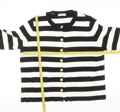 Gallery Women’s Black Ivory Striped Cardigan L Crew Neck Knit