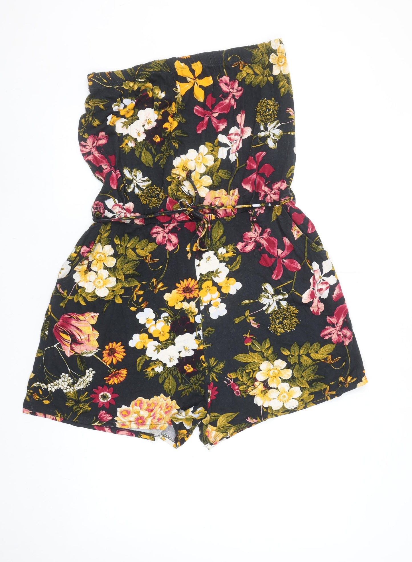 Next Women's Black Floral Strapless Playsuit Size 18 Viscose Blend