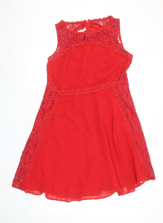 Monsoon Women Red Lace A-Line Sleeveless Knee Length Dress Size 12