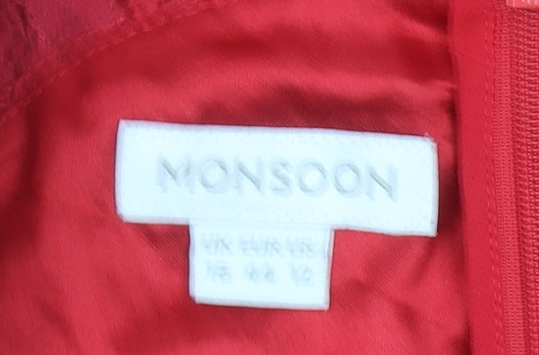 Monsoon Women Red Lace A-Line Sleeveless Knee Length Dress Size 12