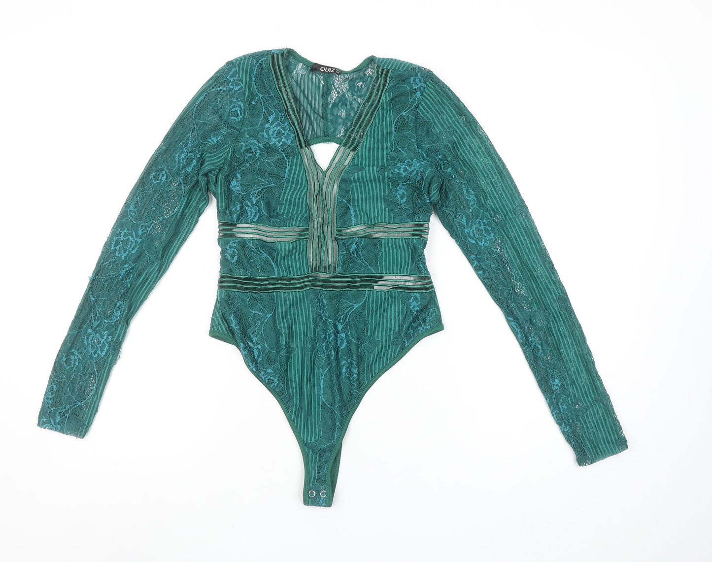 Quiz Women Green Lace Long Sleeve Bodysuit Size 12 Elegant Partywear