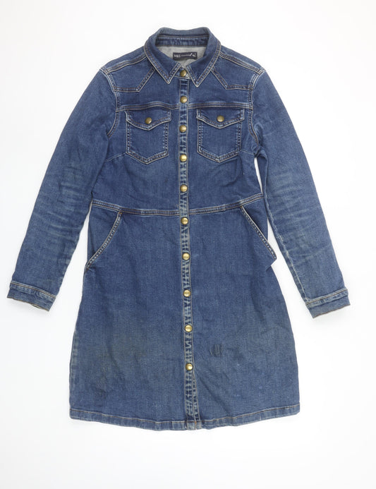 Marks and Spencer Women Blue Denim Shirt Dress Size 10 Long Sleeve