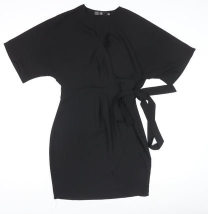 Missguided Women’s Black Wrap Dress Size 8 Short Sleeve V-Neck