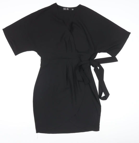 Missguided Women’s Black Wrap Dress Size 8 Short Sleeve V-Neck