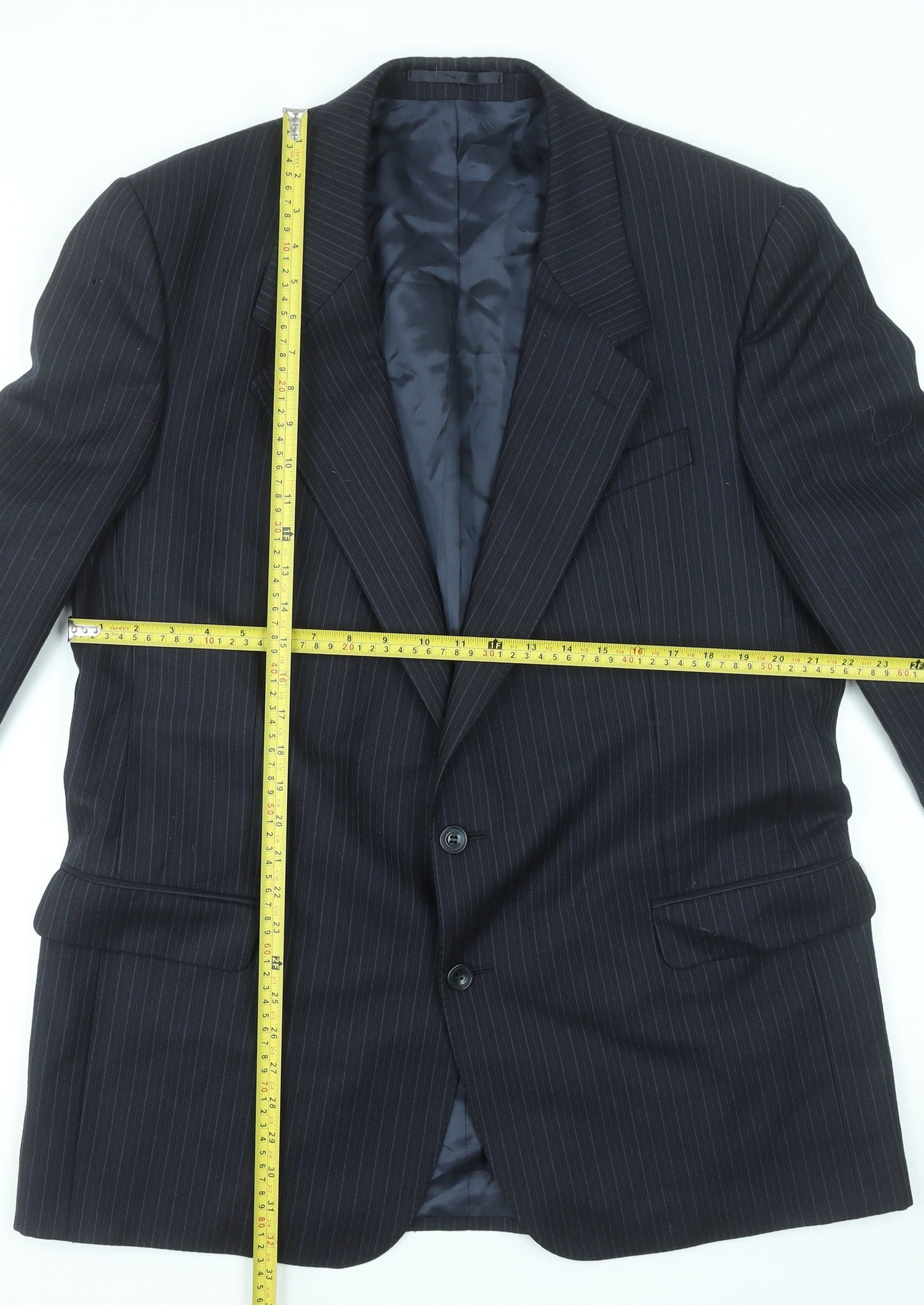 Rex Trueform Men's Black Pinstripe Wool Blazer Jacket Size L Regular Fit