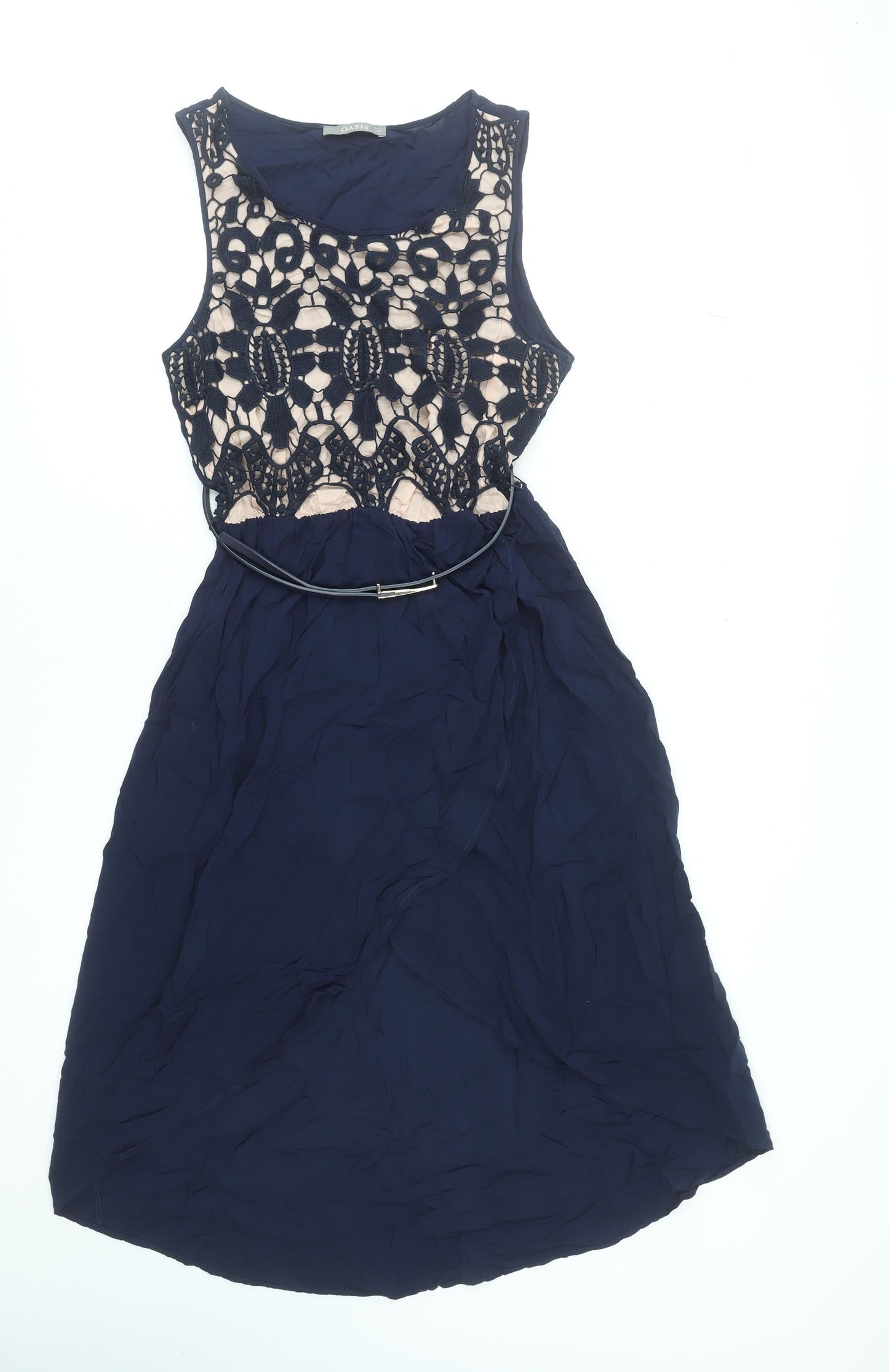 Oasis Women Blue Lace Belted Fit & Flare Dress UK 12
