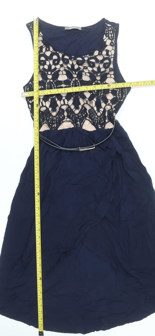 Oasis Women Blue Lace Belted Fit & Flare Dress UK 12
