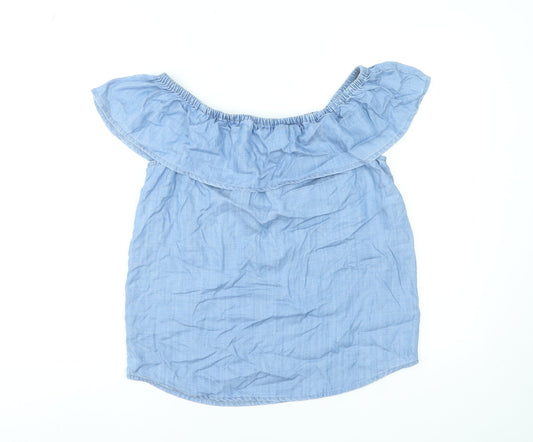 M&Co Women Blue Off Shoulder Ruffle Chambray Blouse Size 10