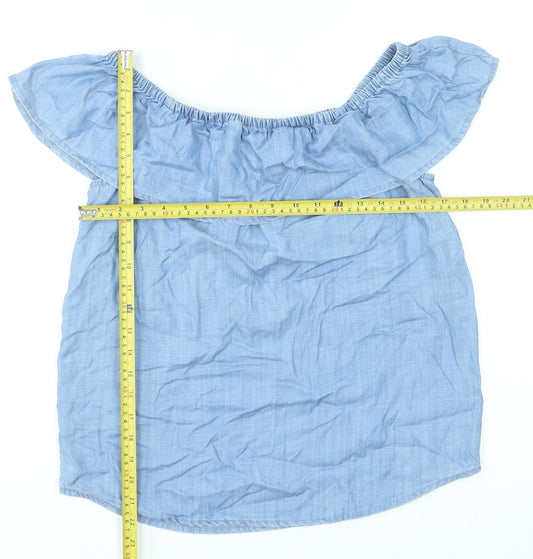 M&Co Women Blue Off Shoulder Ruffle Chambray Blouse Size 10