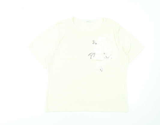 Amaranto Womens Ivory Floral Sequin Short Sleeve T-Shirt Size 18