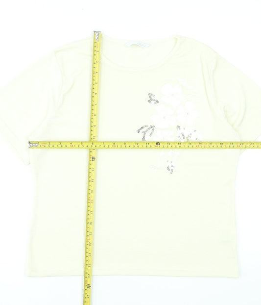 Amaranto Womens Ivory Floral Sequin Short Sleeve T-Shirt Size 18