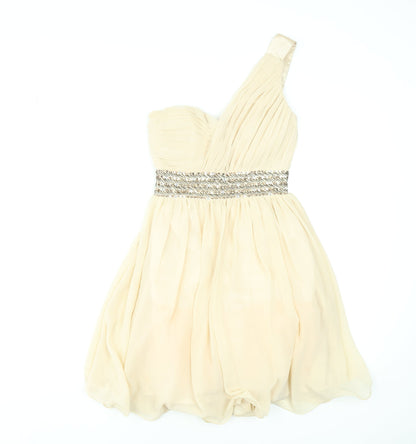 Little Mistress Women Beige UK 8 One Shoulder Chiffon Party Dress