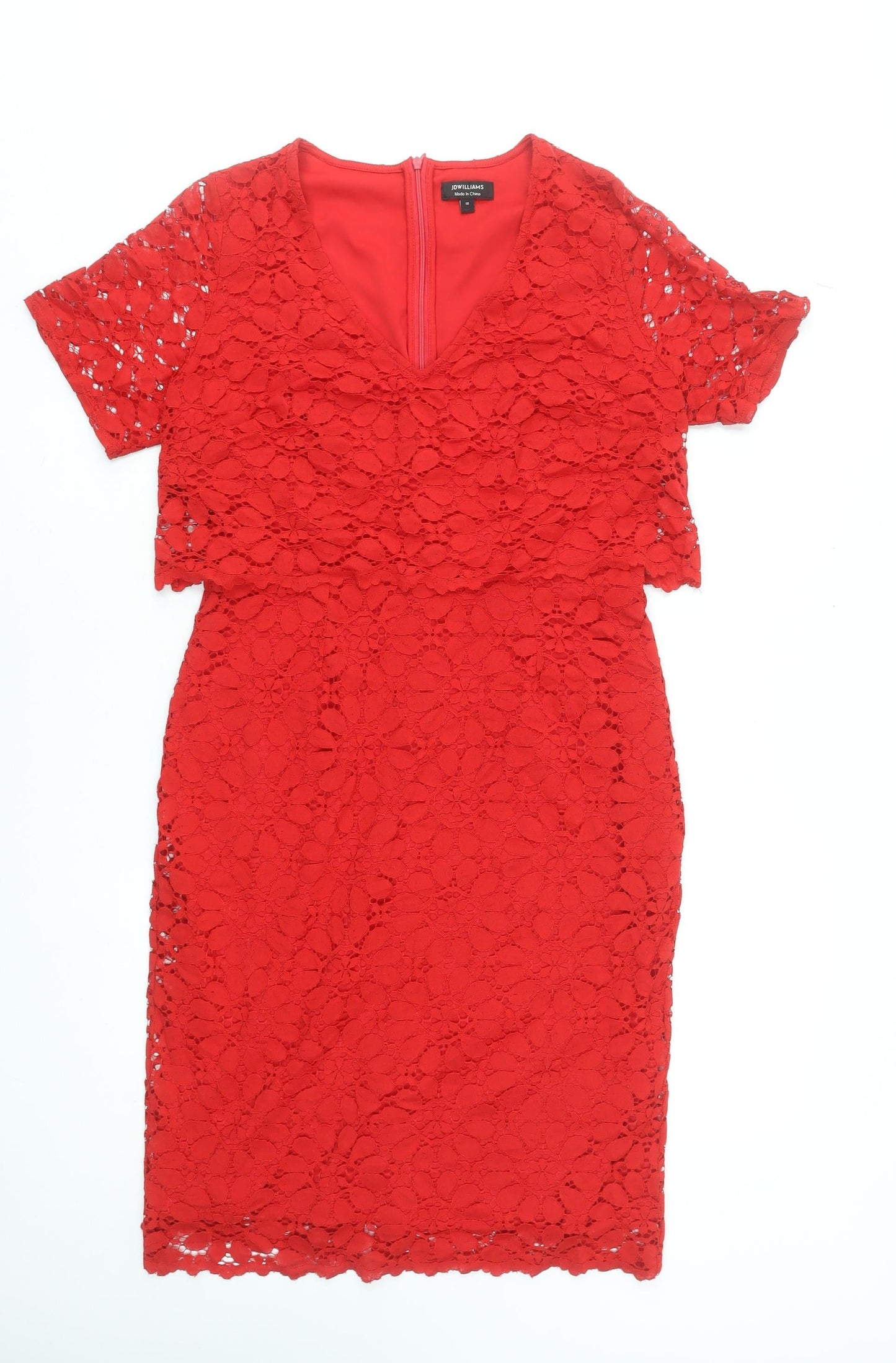 JD Williams Women's Red Lace Sheath Dress Size 12 Party V-Neck
