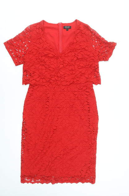 JD Williams Women's Red Lace Sheath Dress Size 12 Party V-Neck