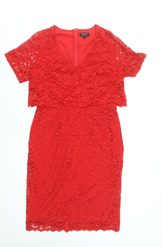 JD Williams Women's Red Lace Sheath Dress Size 12 Party V-Neck