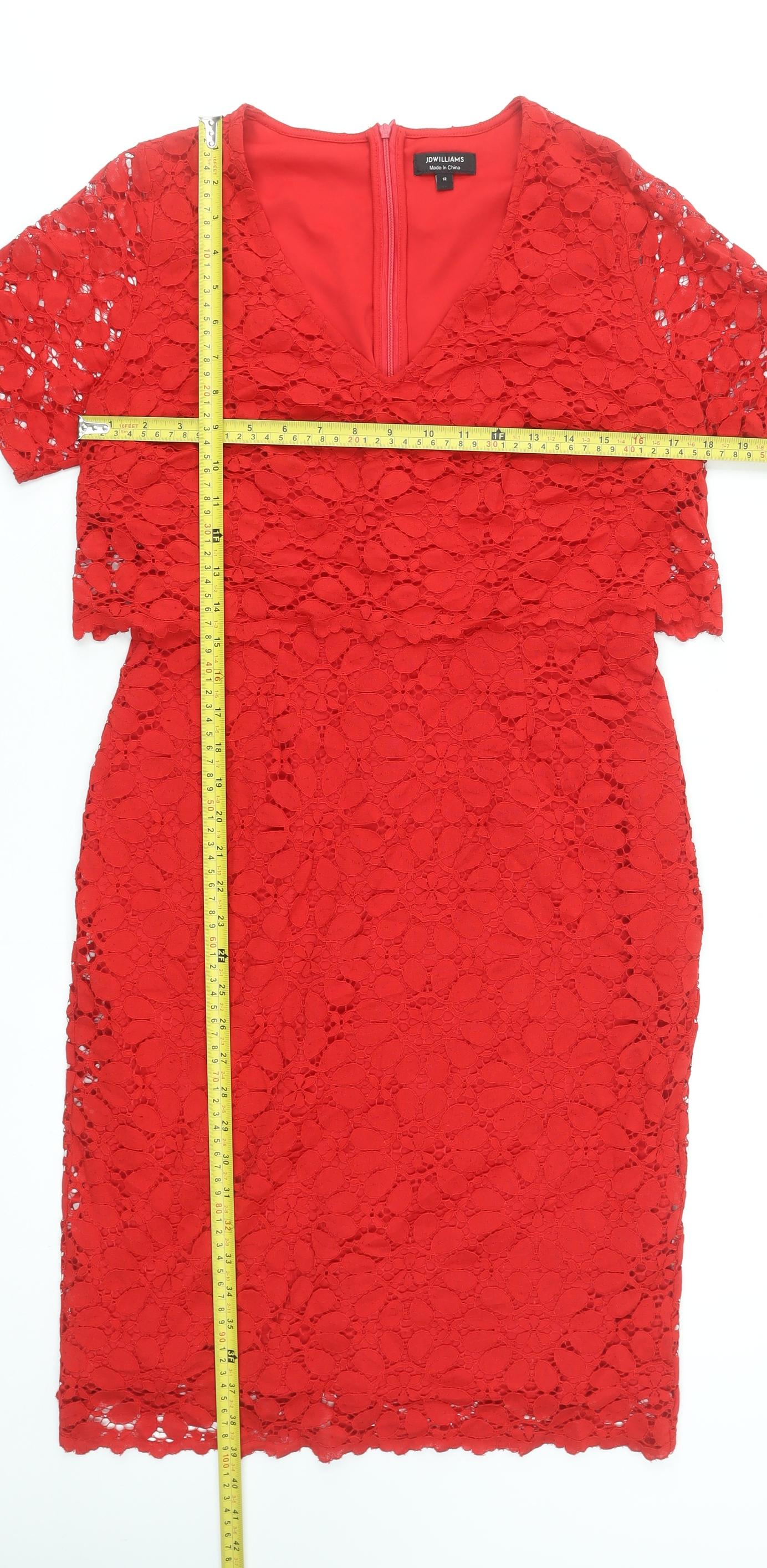 JD Williams Women's Red Lace Sheath Dress Size 12 Party V-Neck