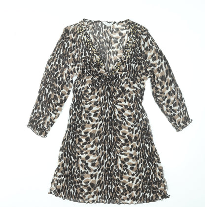 Debenhams Women Brown Leopard Print V-Neck A-Line Dress Size 14