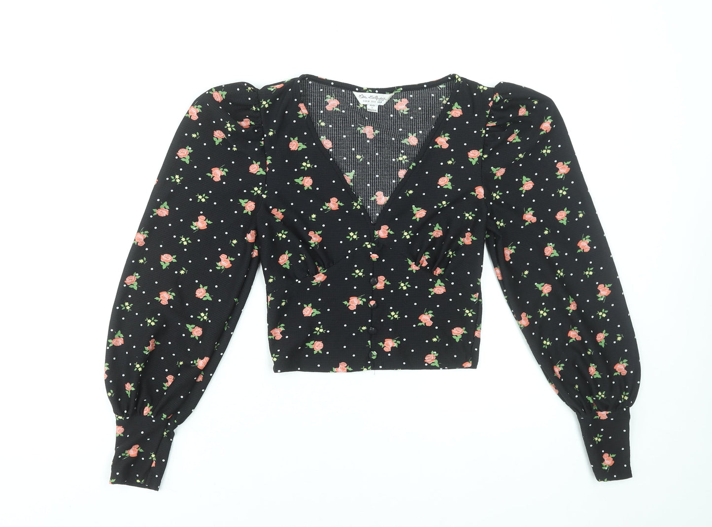 Miss Selfridge Women Black Floral V-Neck Cropped Blouse UK 4