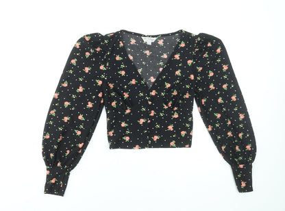 Miss Selfridge Women Black Floral V-Neck Cropped Blouse UK 4