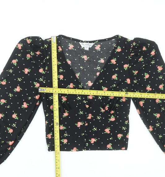 Miss Selfridge Women Black Floral V-Neck Cropped Blouse UK 4