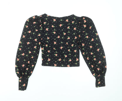 Miss Selfridge Women Black Floral V-Neck Cropped Blouse UK 4