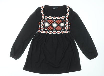 ASOS Design Women Black Size 8 Bohemian Embroidered Long Sleeve Short Dress