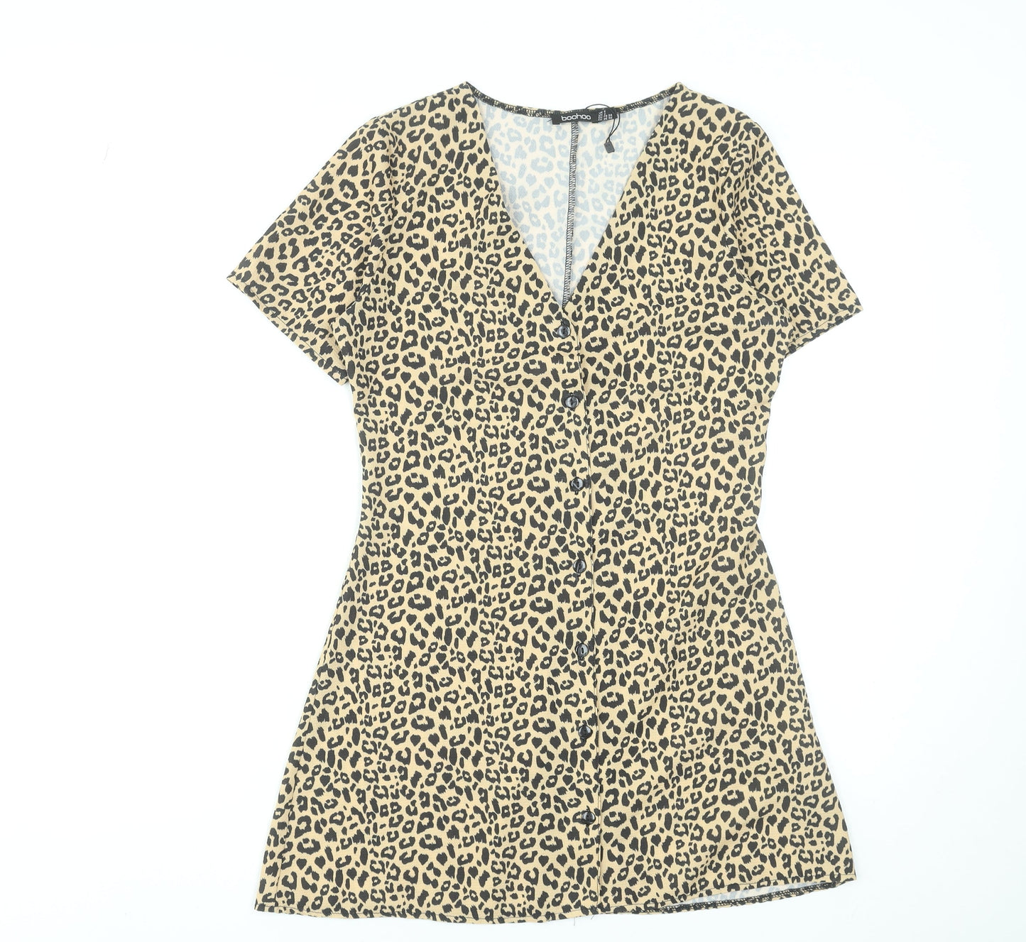Boohoo Women Beige Animal Print Button Front Mini Dress UK 6