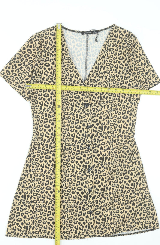 Boohoo Women Beige Animal Print Button Front Mini Dress UK 6